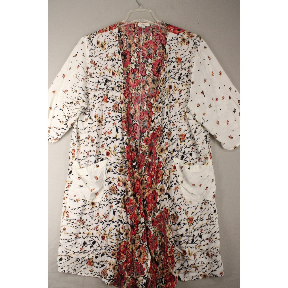 Umgee Kimono Cardigan Womens Medium White Floral Cotton Blend Pockets Boho Retro